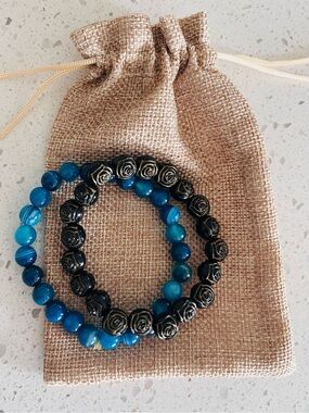 Blue Agate Beaded Bracelets with Black Rose Accents